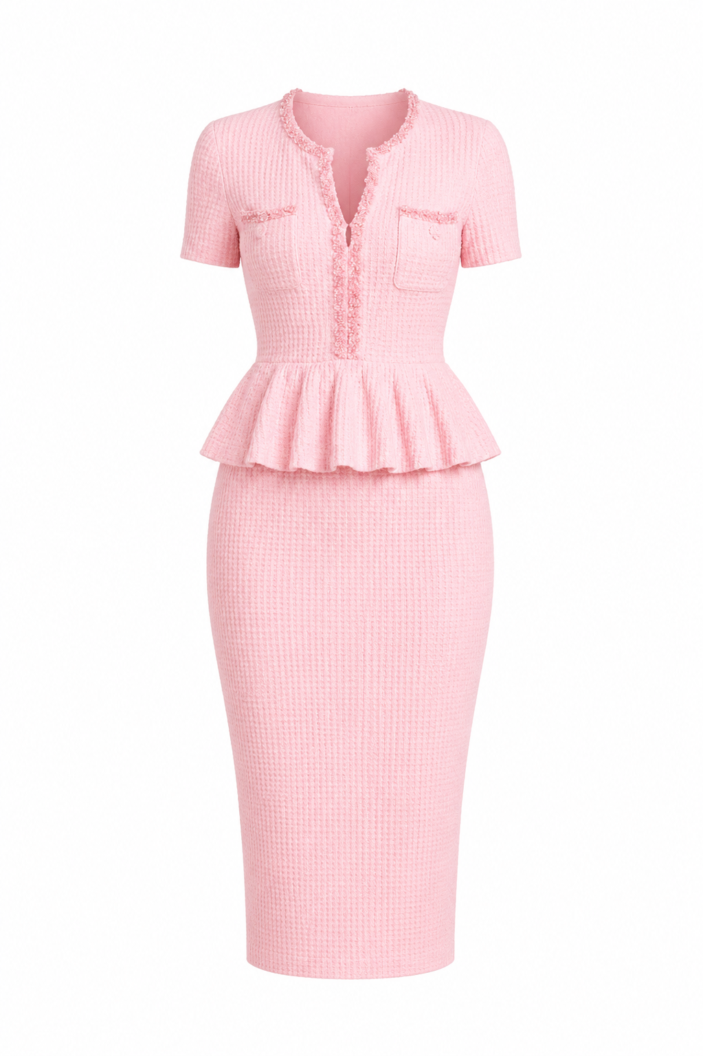 Gestricktes Rüschen-Midikleid,
Eleganter V-Ausschnitt, kurze Ärmel
