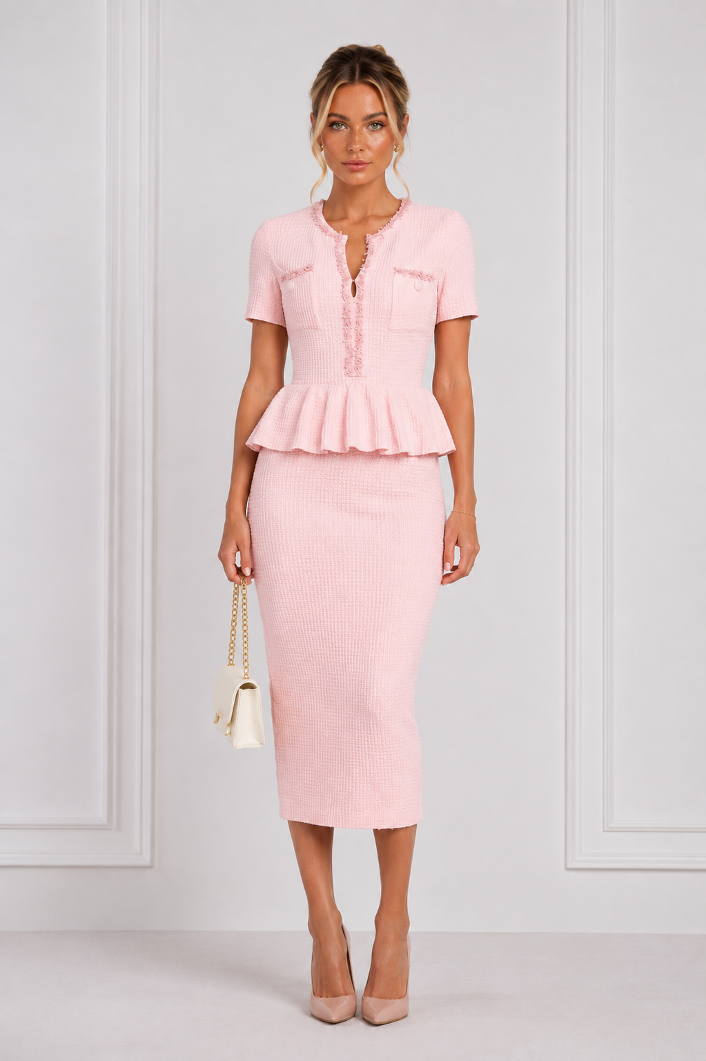Kintted Ruffle Midi Dress,
Elegant V Neck, Short Sleeve