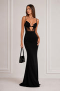 Schwarzes Maxikleid mit transparentem Einsatz, Spaghettiträgern und Mesh-Patchwork