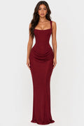 Plissiertes langes Maxi-Kleid mit eckigem Ausschnitt, ärmellos schulterfrei