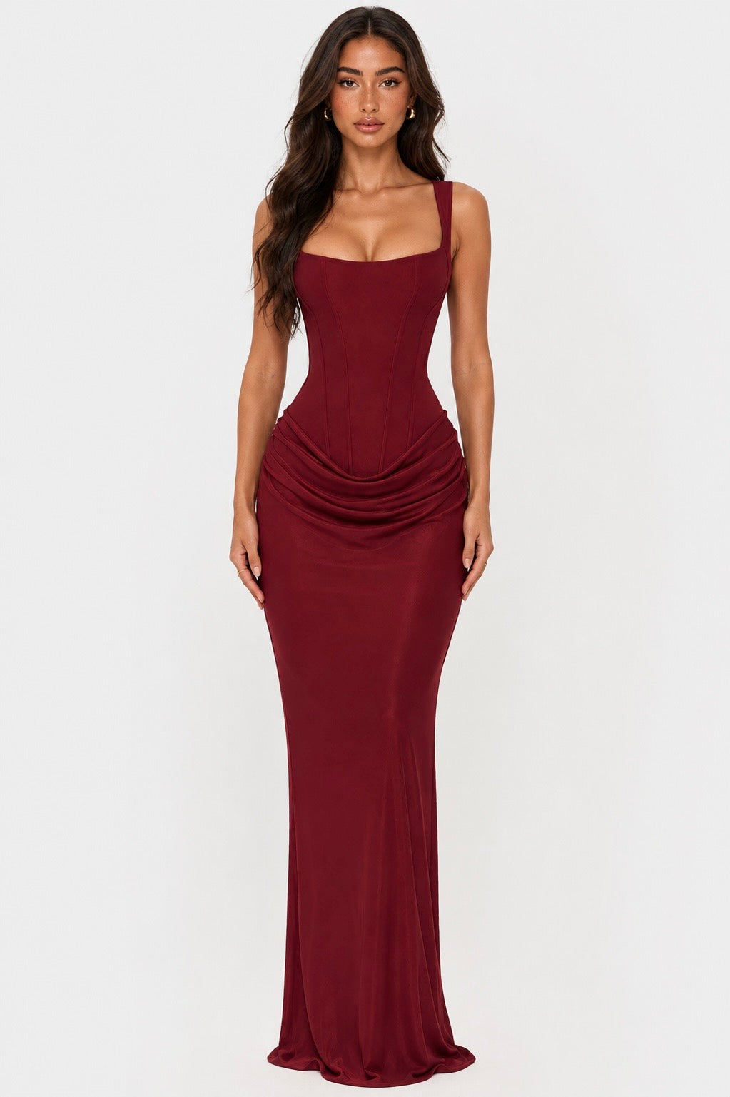 Pleated Long Square Neck Maxi Dress, Sleeveless Off Shoulder