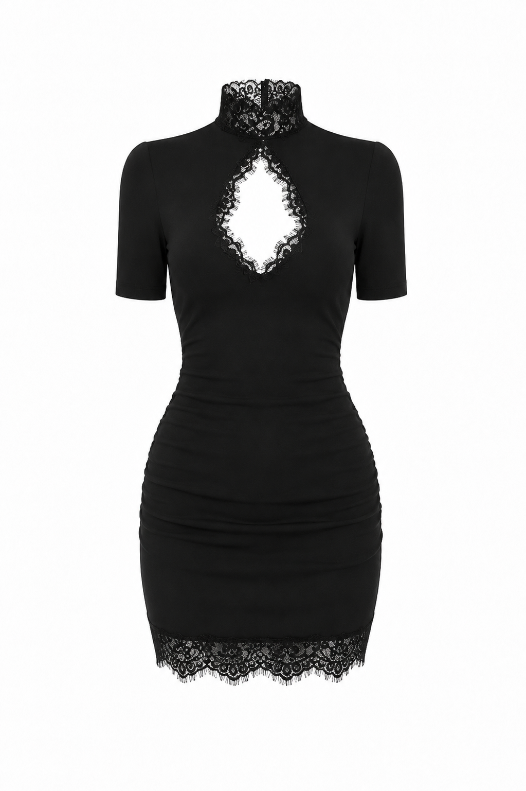 Bodycon Mini Dress with Lace Details, Elegant High Neck and Short Sleeves