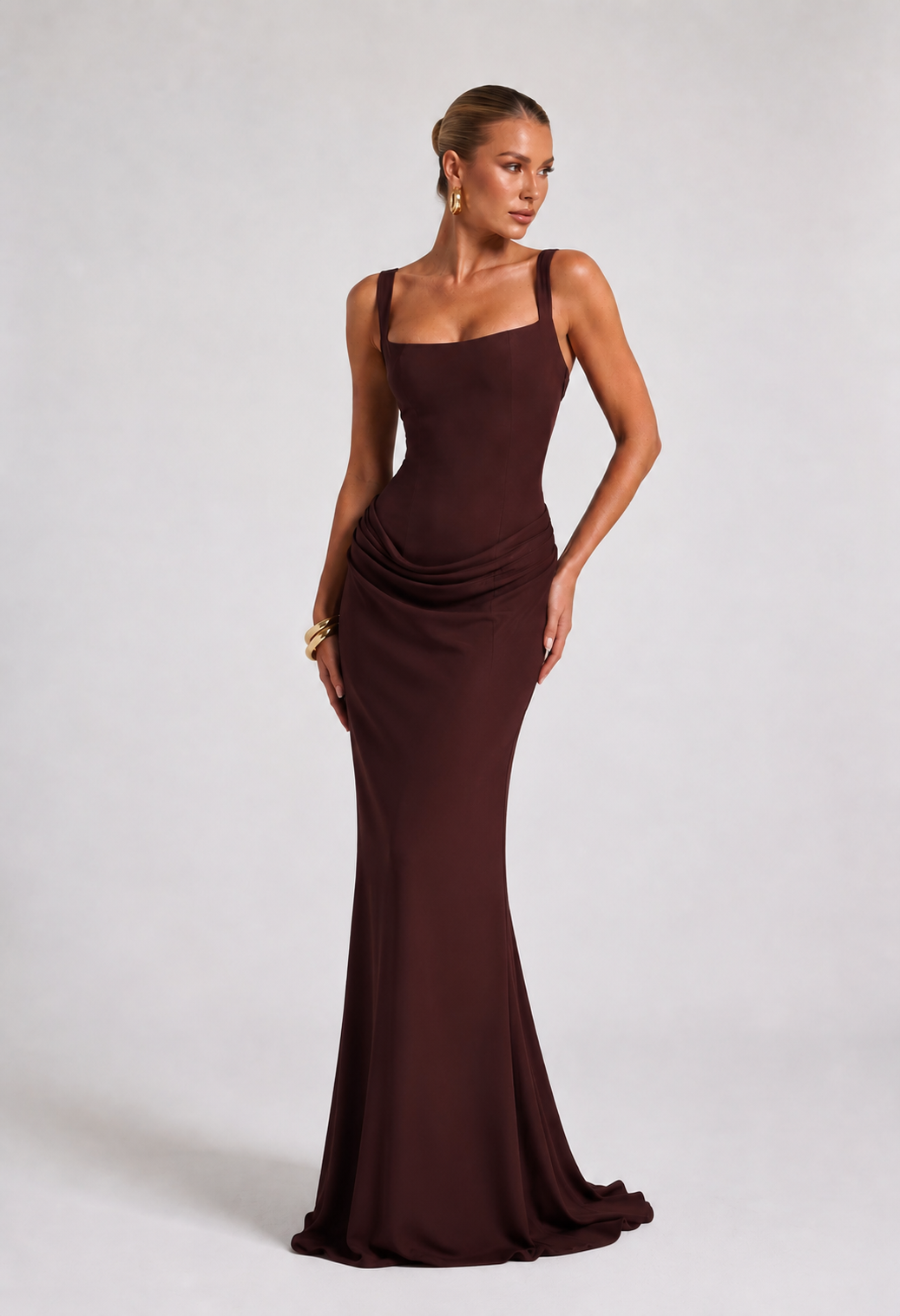 Pleated Long Square Neck Maxi Dress, Sleeveless Off Shoulder
