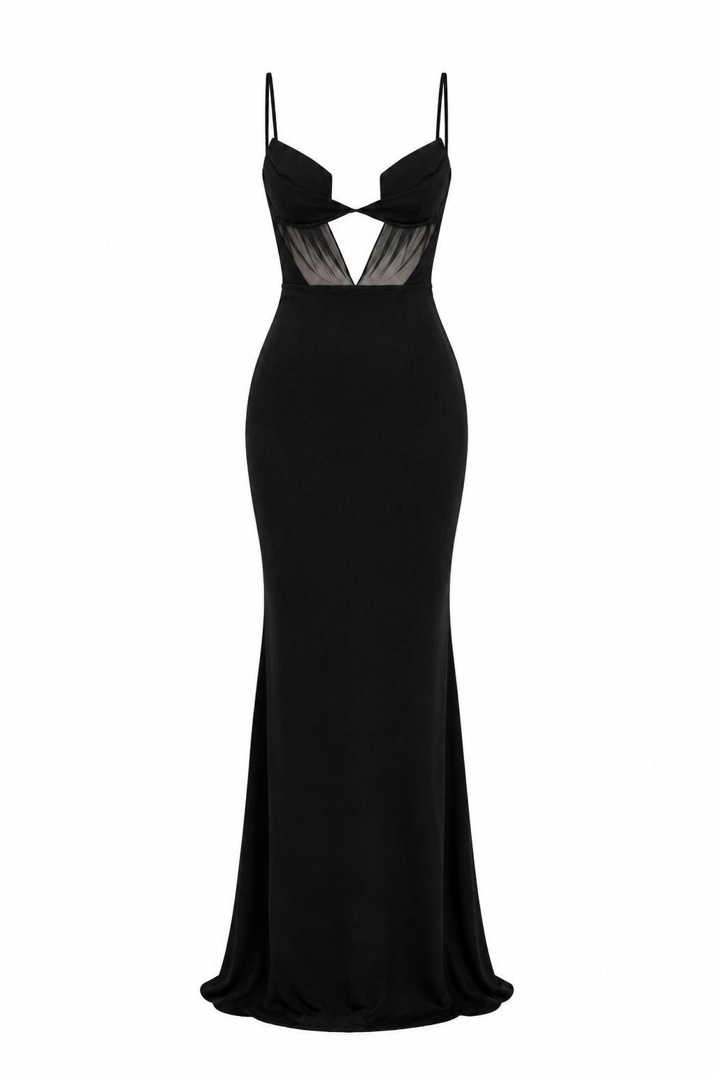 Black Maxi Dress with Sheer Panel, Spaghetti Strap Mesh Patchwork
