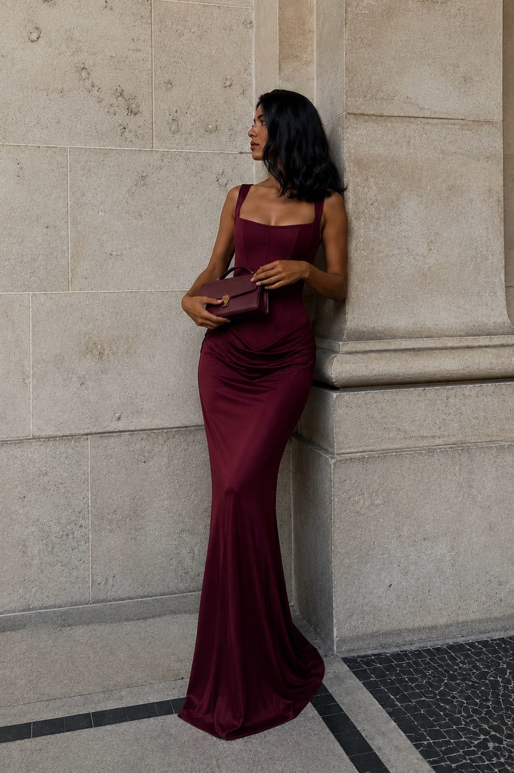 Pleated Long Square Neck Maxi Dress, Sleeveless Off Shoulder