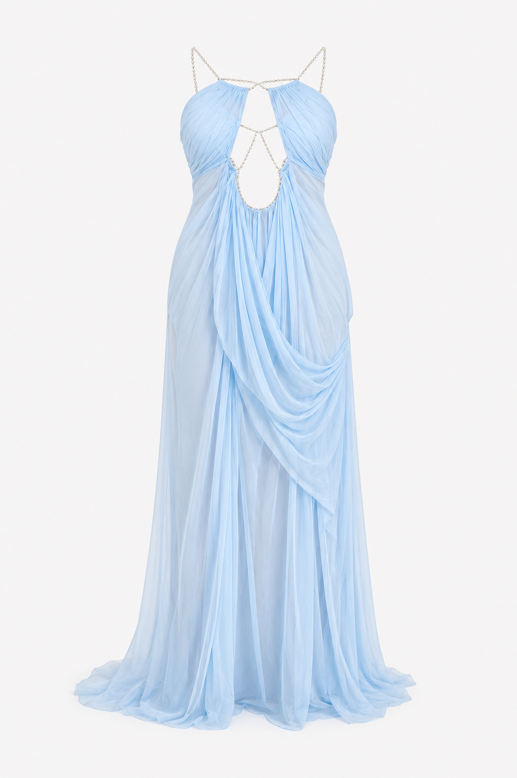 Durchsichtiges Abendkleid, Luxuriöses Neckholder-Kettenkleid mit tiefem Ausschnitt und rückenfrei, ärmellos