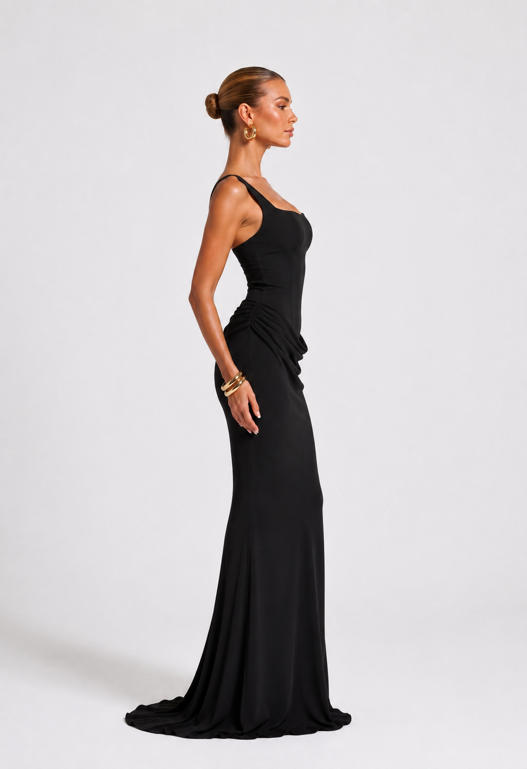 Pleated Long Square Neck Maxi Dress, Sleeveless Off Shoulder
